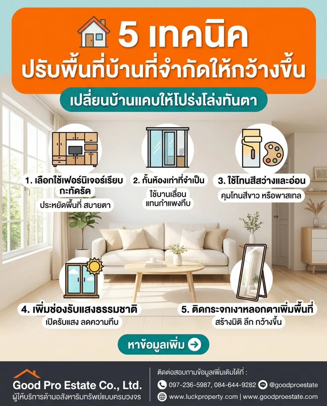 ปลุกวิสัยทัศน์บ้านให้กว้างไกล! 5 เทคนิคเด็ดแต่งบ้านพื้นที่จำกัด ให้โปร่งโล่งสบายตา 🏡✨